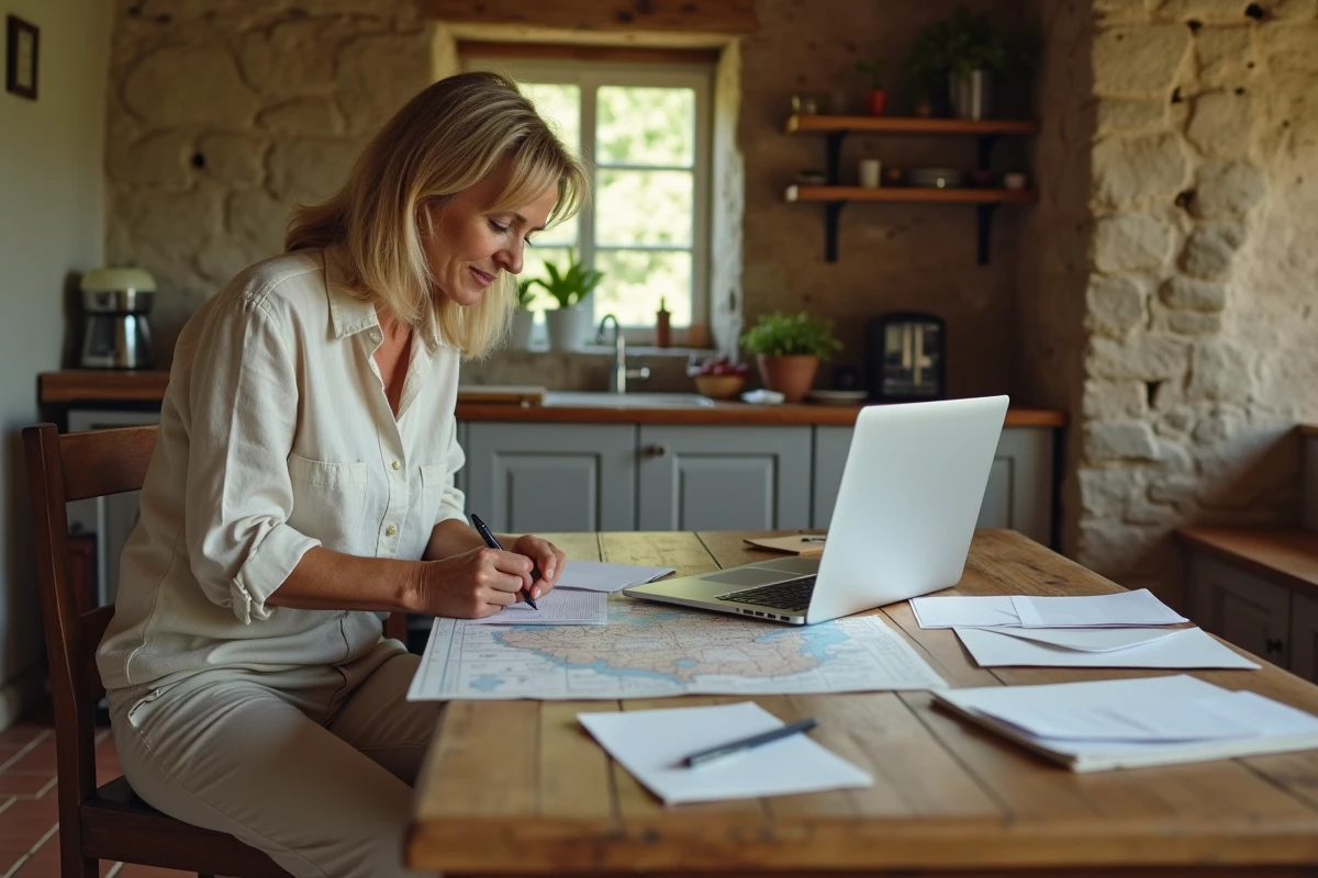 Femme remplissant un formulaire d'adresse postale à une table en bois dans une ferme en pierre, avec carte de commune et enveloppes