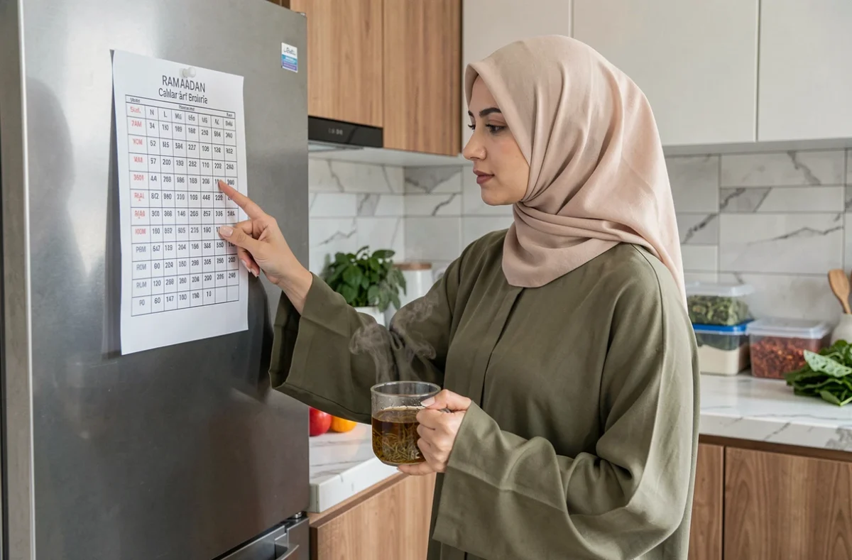 Femme portant un hijab consultant le calendrier du Ramadan dans une cuisine moderne avec des repas préparés à l'avance