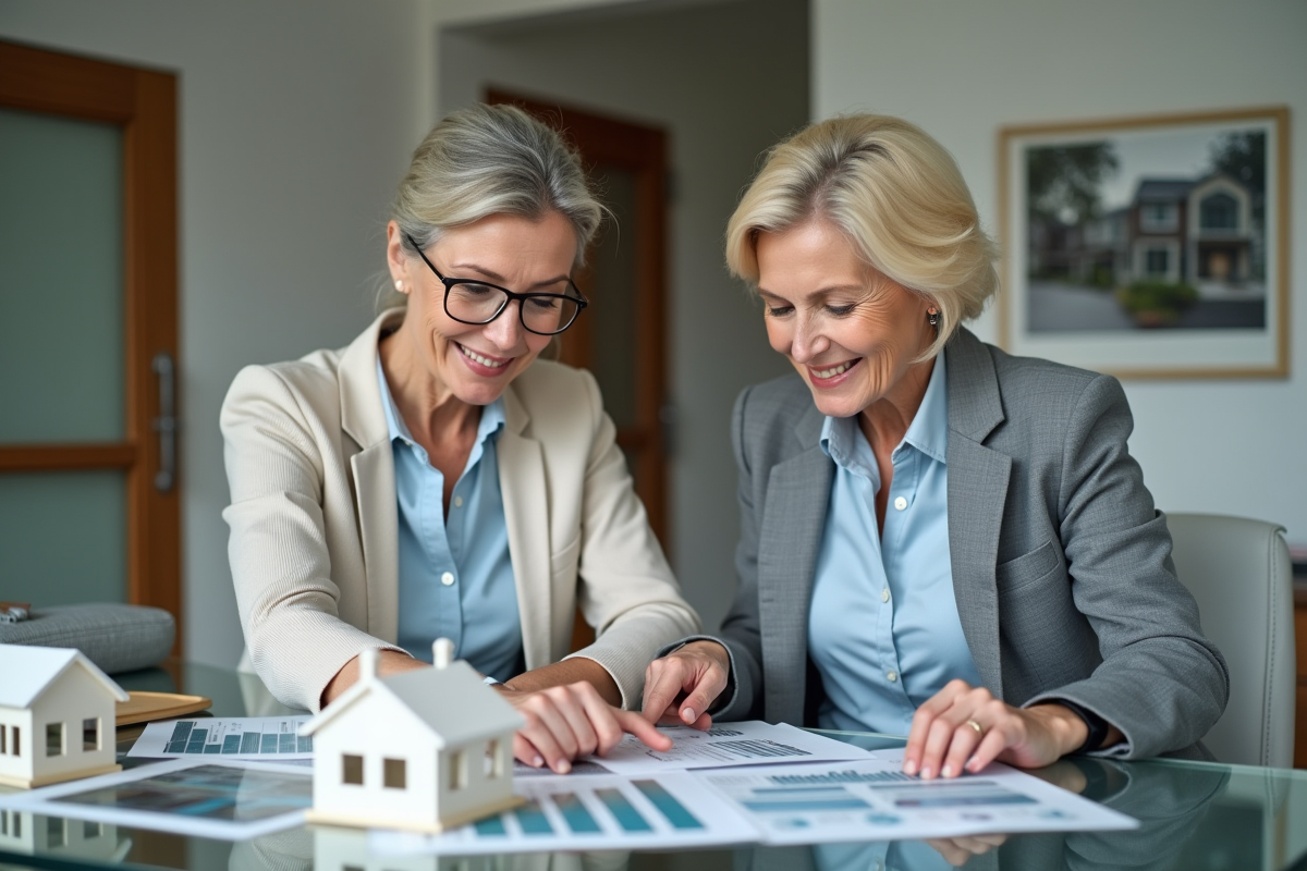 Femme retraitée et fille examinent des brochures immobilières