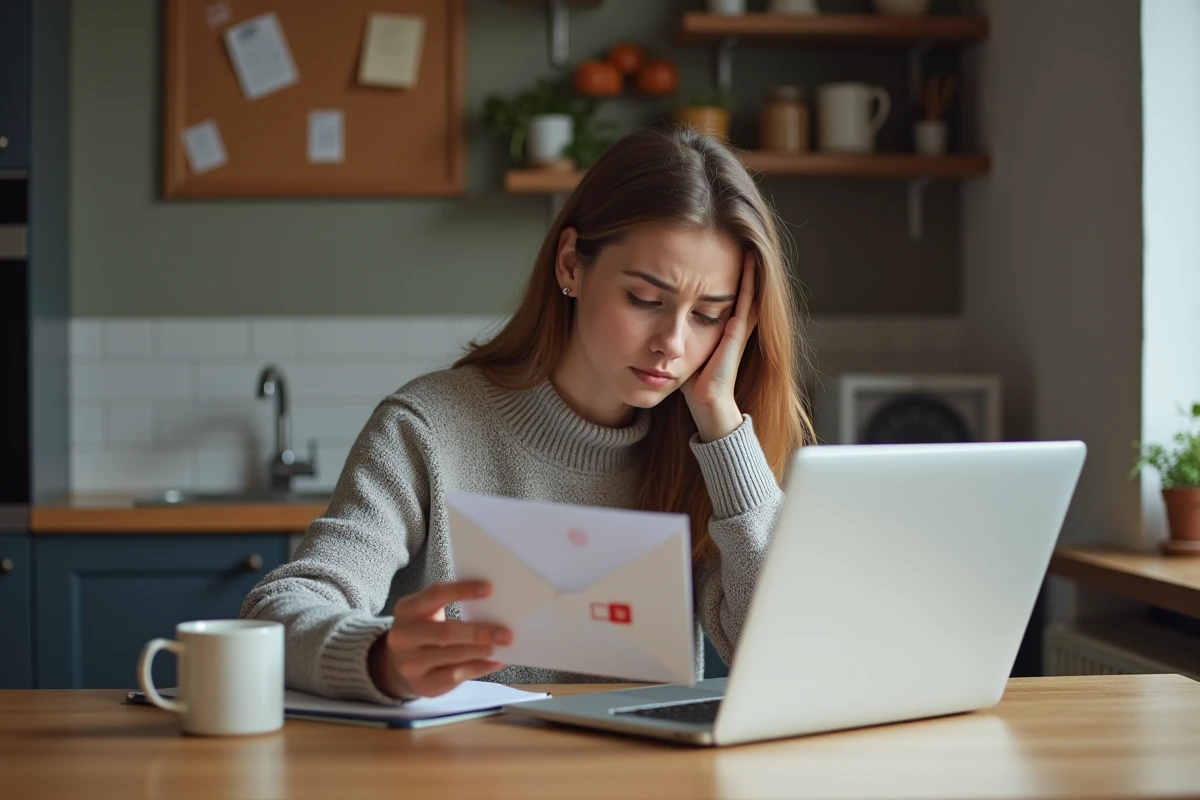 Jeune femme regardant son ordinateur avec une lettre à la main