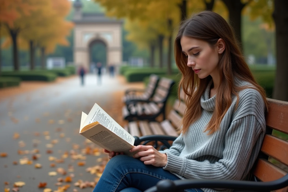 Jeune femme lisant un rapport dans le parc du Thabor à Rennes