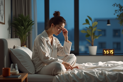 Femme en pyjamas au réveil dans une chambre moderne