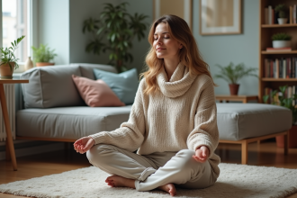 Femme en méditation dans un salon cosy et lumineux