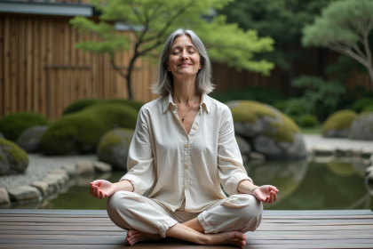 Femme méditative dans un jardin japonais serein
