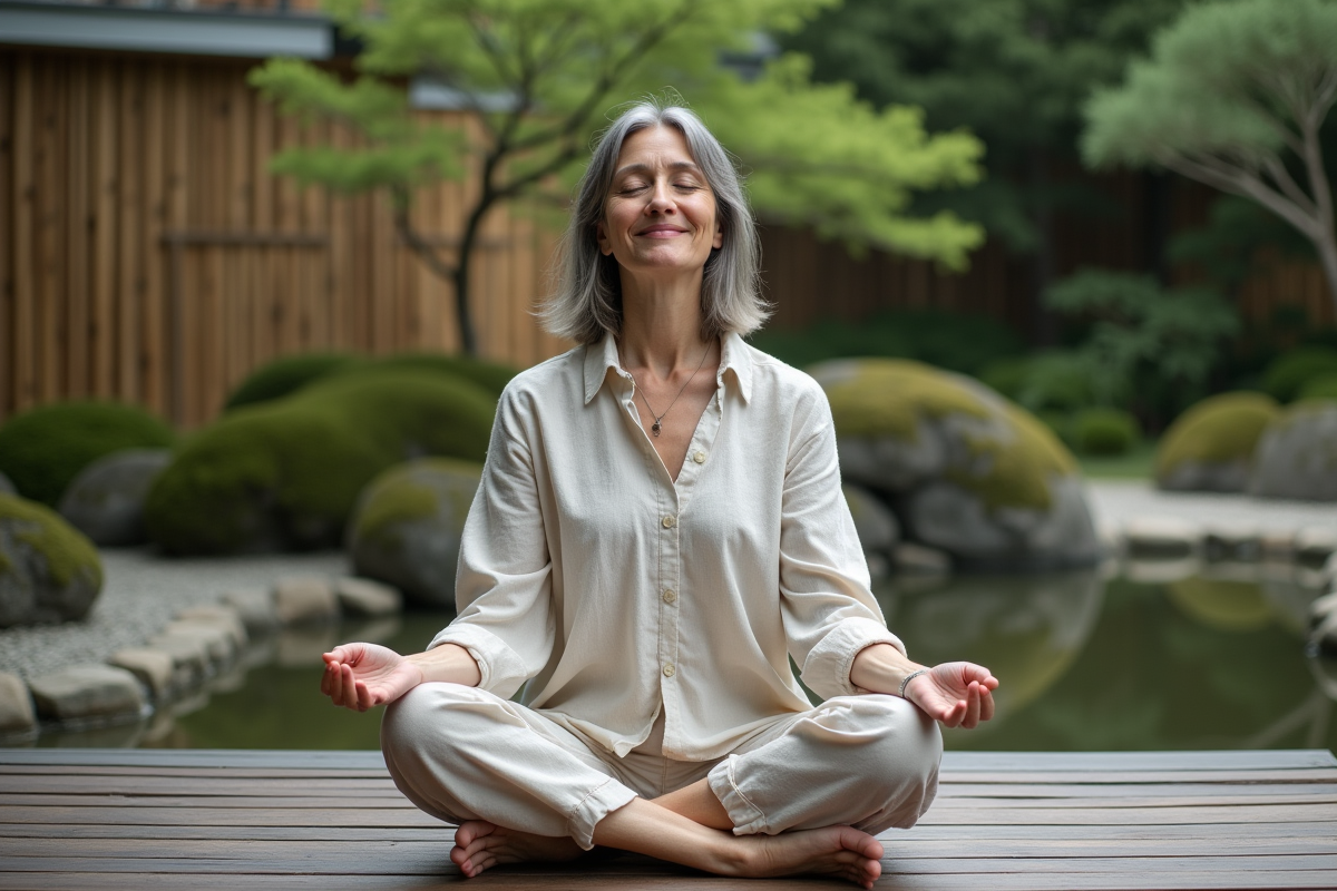 Femme méditative dans un jardin japonais serein