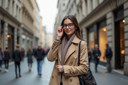Jeune femme en trench beige dans une ville animée
