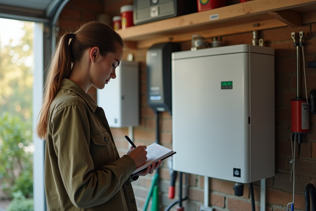 Jeune femme prenant des notes près d une batterie Edison dans un garage