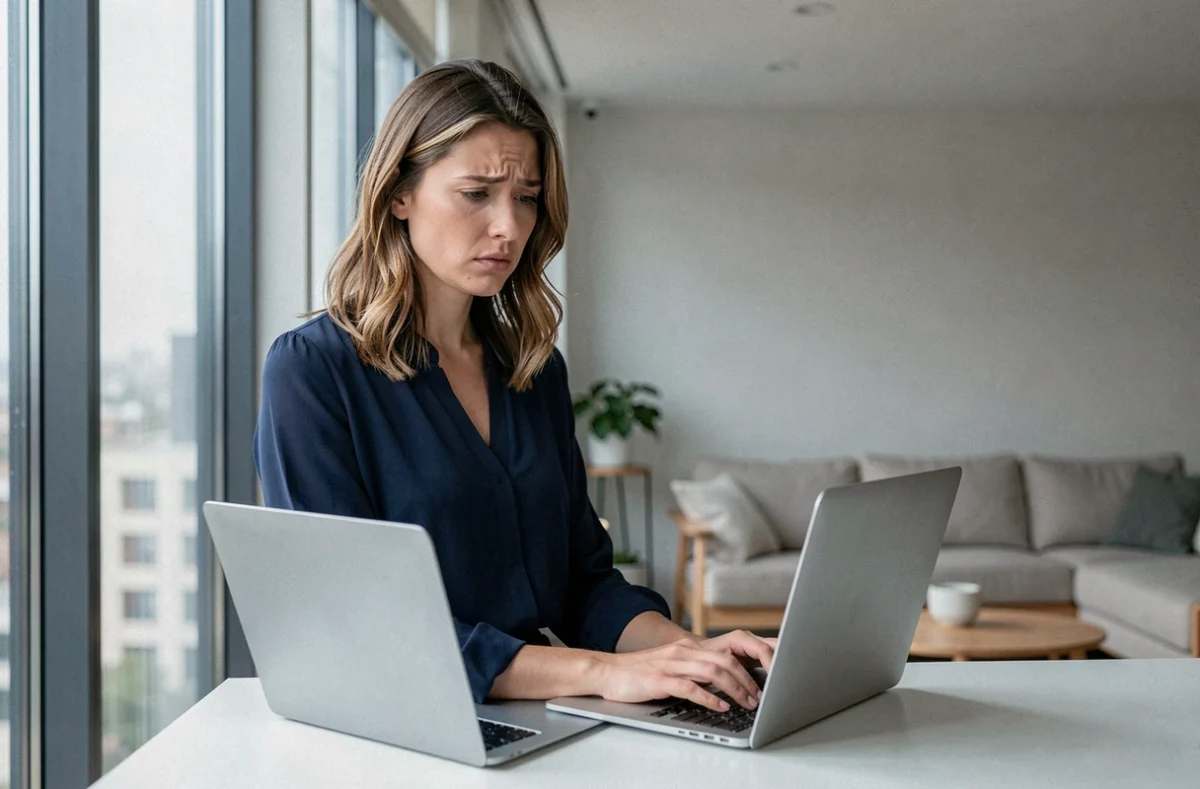 Femme consultant son ordinateur portable pour résilier son forfait Free suspendu, dans un appartement moderne avec vue sur la ville