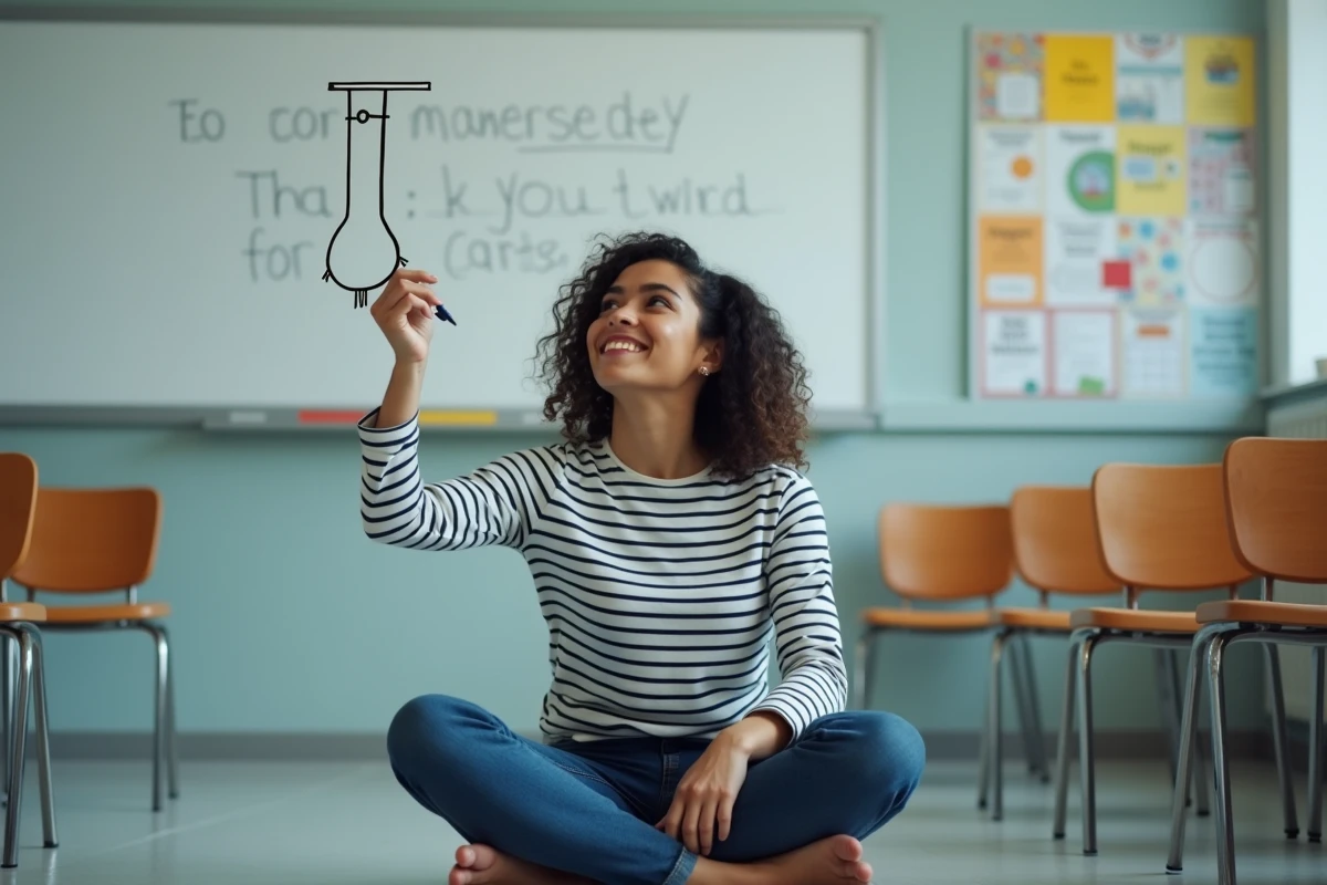 Jeune femme dessinant une partie de jeu du pendu sur un tableau blanc dans une salle de classe