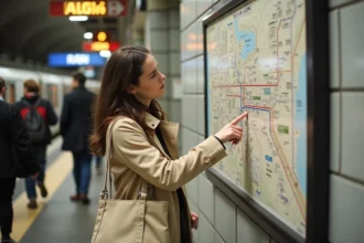 Femme consultant un plan du RER et du métro Île-de-France dans une station parisienne