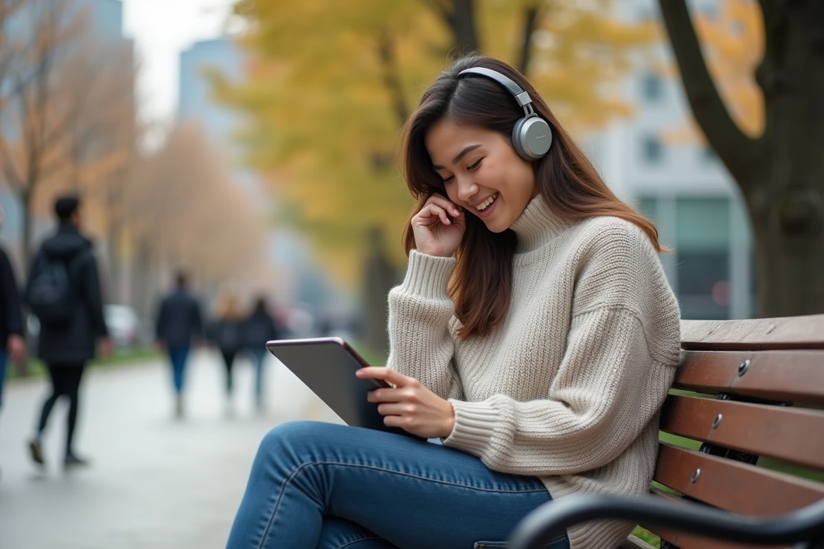 Jeune femme souriante écoutant un podcast dans un parc urbain