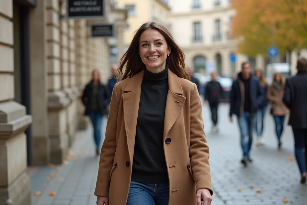 Femme engagée en politique marchant devant un bâtiment municipal français lors d'une journée d'automne