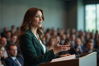 Femme politique française en blazer vert prenant la parole à une tribune lors d'une conférence politique