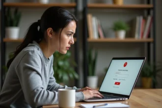 Femme frustrée devant un écran de connexion avec un problème de mot de passe sur son compte EDF ENR