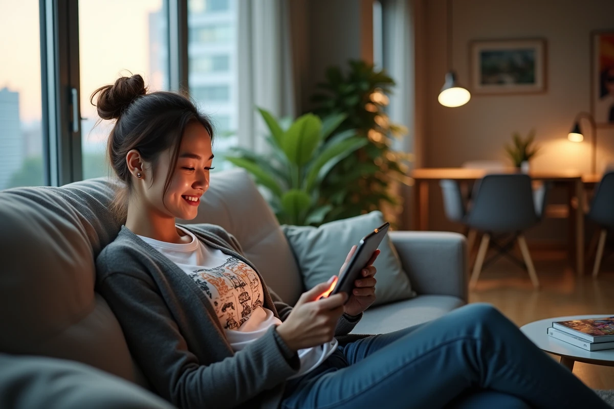 Femme souriante avec tablette dans un salon lumineux