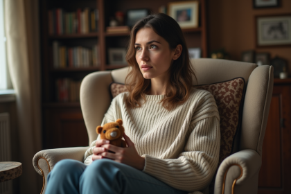 Femme contemplative tenant un jouet d'enfance dans un salon chaleureux