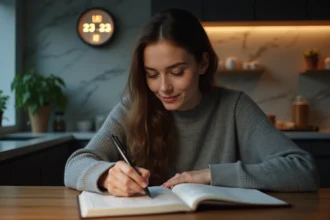 Femme pensive dans une cuisine moderne la nuit