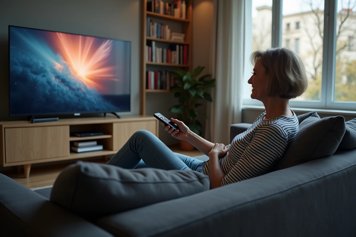 Femme détendue regardant la télévision dans le salon