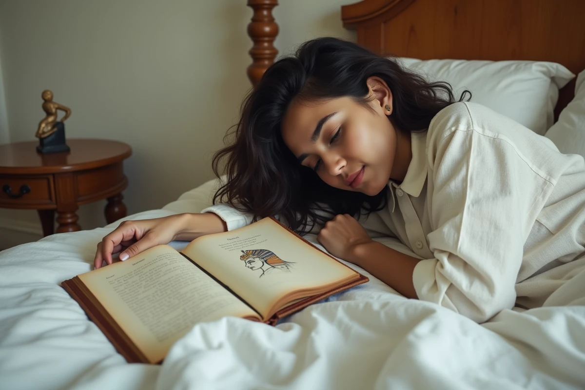 Jeune femme allongée dans un état de rêve semi-éveillé avec un journal de rêves ouvert illustrant l'œil égyptien sur la table de nuit
