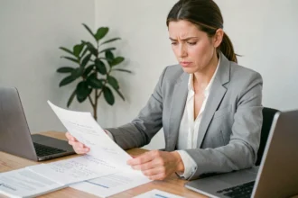 Femme professionnelle annotant des documents pour identifier des erreurs fréquentes dans un bureau moderne