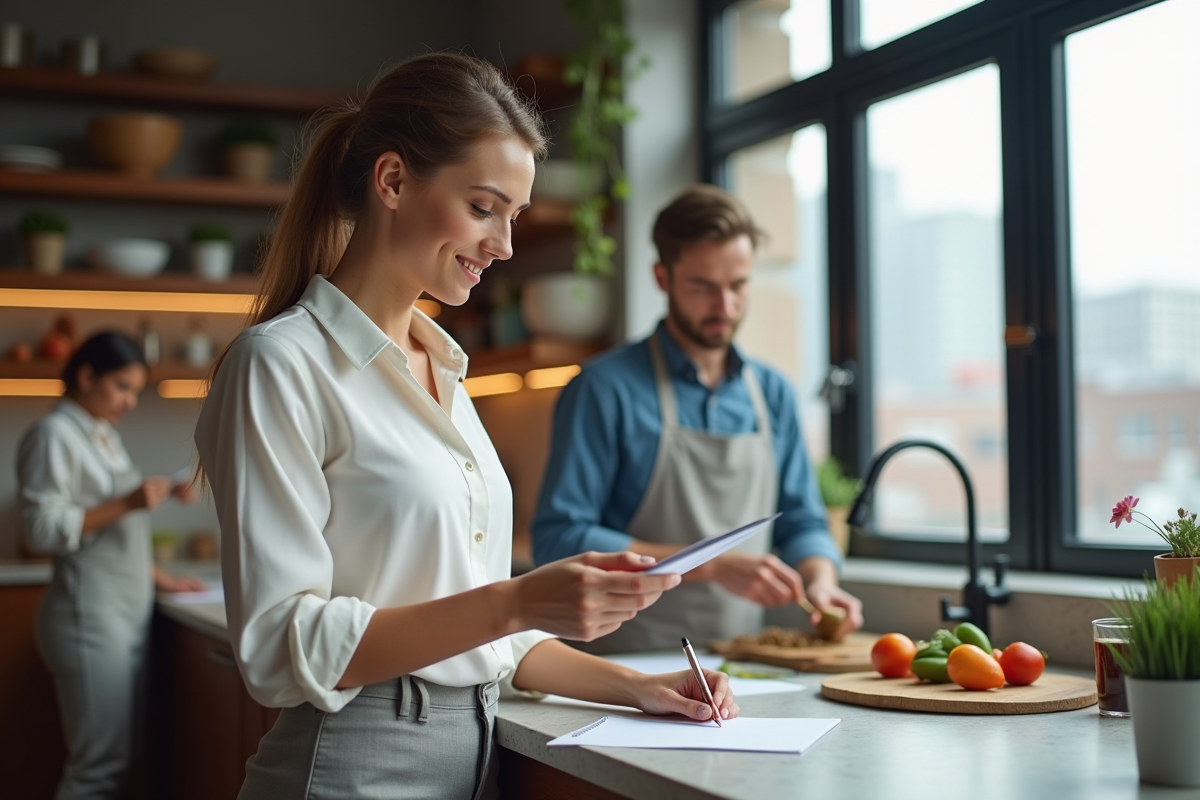 Jeune femme en blouse consulte ses notes dans la cuisine