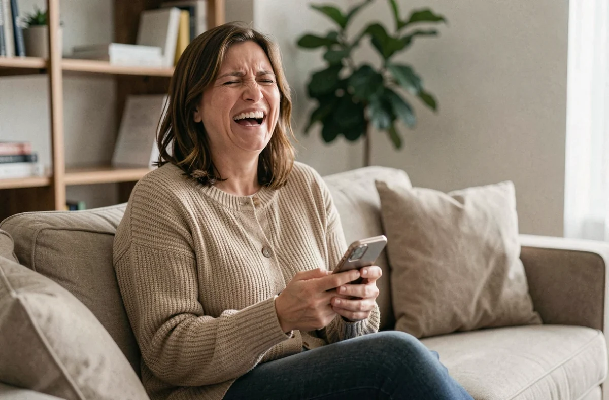Femme riant seule devant son téléphone sur un canapé, réaction authentique à une blague stupide vue sur les réseaux sociaux