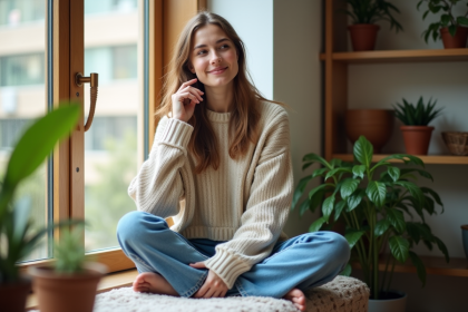 Jeune femme souriante assise près de la fenêtre avec plantes