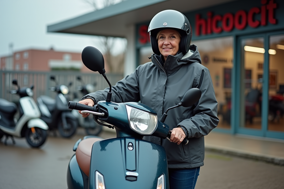 Femme avec casque et scooter devant concession