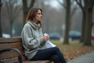 Femme seule sur un banc tenant une lettre froissée, symbolisant la trahison amoureuse et la douleur de la rupture