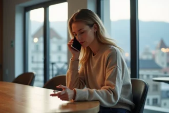 Femme suisse au téléphone dans un appartement moderne