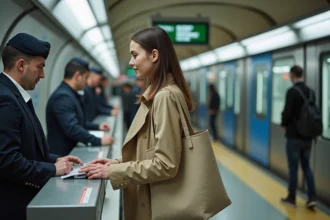 Jeune femme dans le métro parisien présentant un document