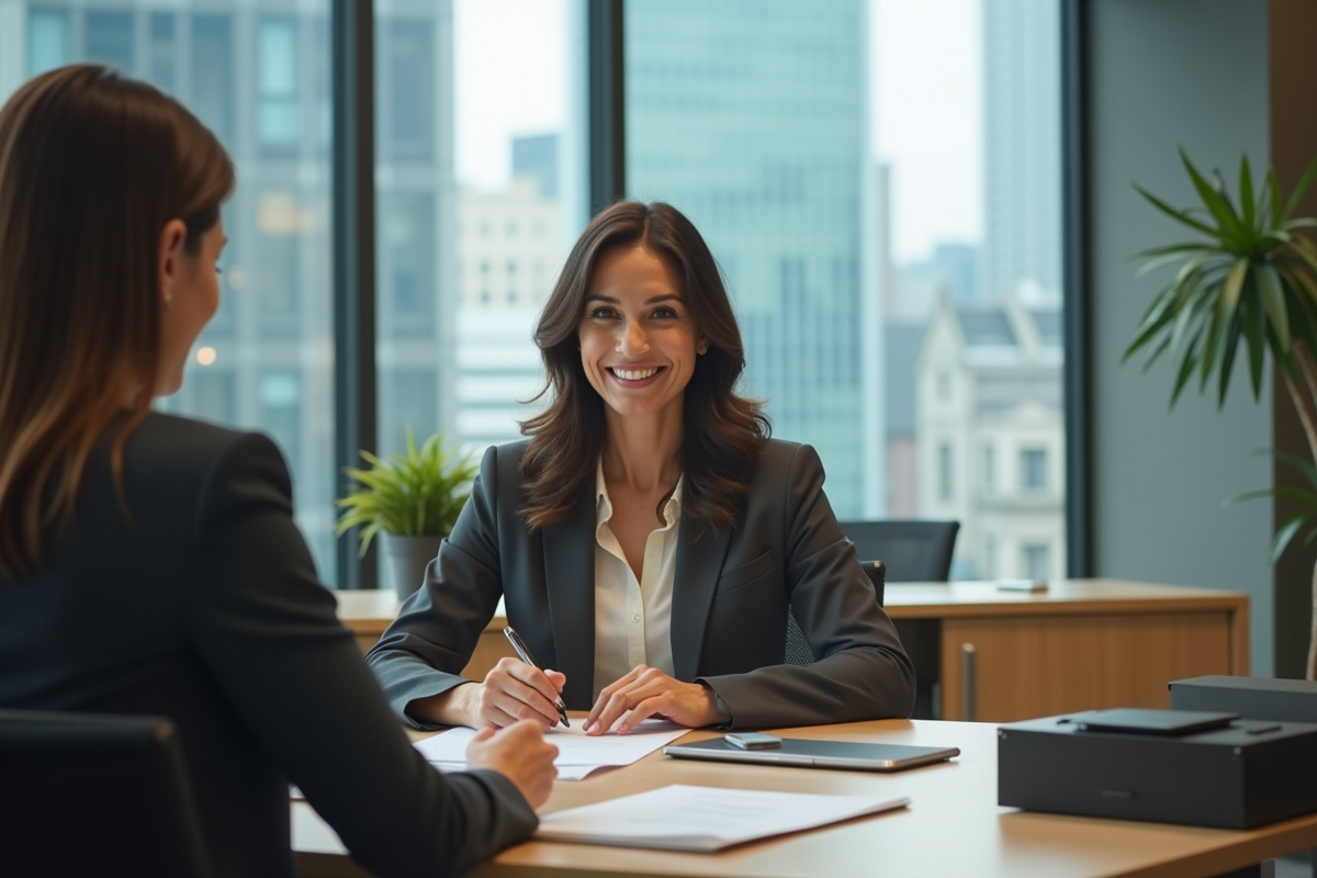 Femme professionnelle remet des documents signés dans une banque moderne