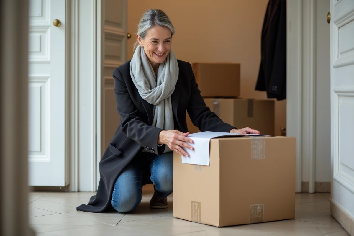 Femme vérifiant un colis dans un appartement