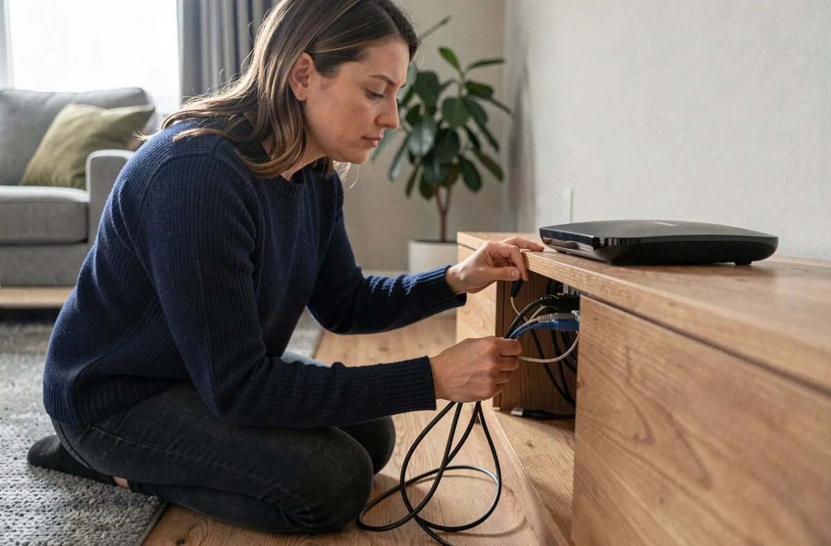Femme vérifiant les connexions derrière une Freebox Delta posée sur un meuble TV en bois