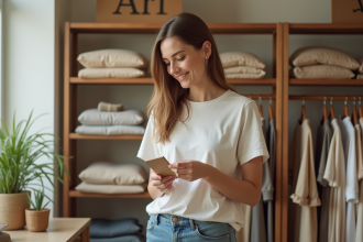 Jeune femme inspectant une étiquette de vêtement dans une boutique écologique