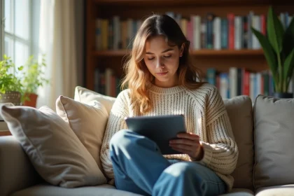 Femme lisant des webtoons sur une tablette dans un salon cosy