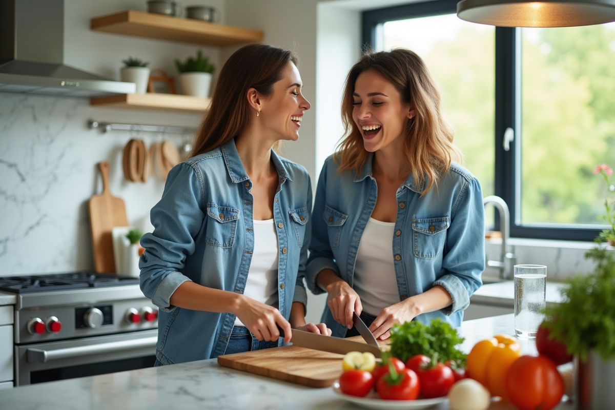 Deux femmes en cuisine préparant un repas avec légumes frais