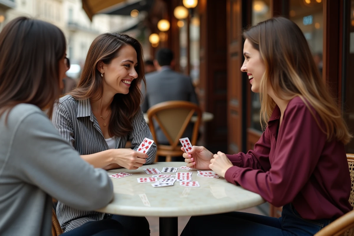 Deux femmes jouant à la coinche ou belote contrée dans un café parisien
