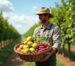 Ferme avec un fermier tenant un panier de fruits bio dans un verger