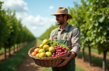 Ferme avec un fermier tenant un panier de fruits bio dans un verger
