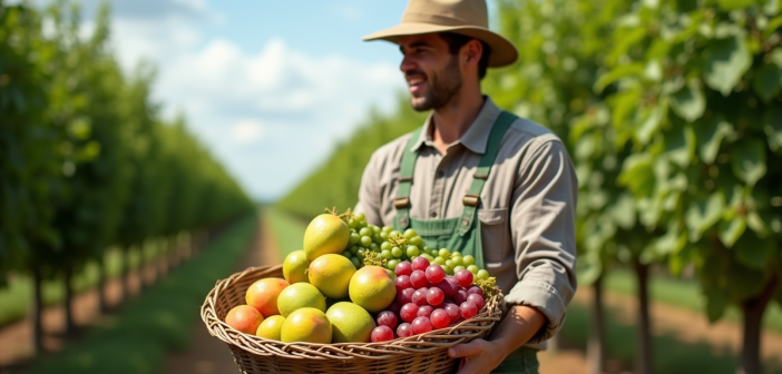 Ferme avec un fermier tenant un panier de fruits bio dans un verger