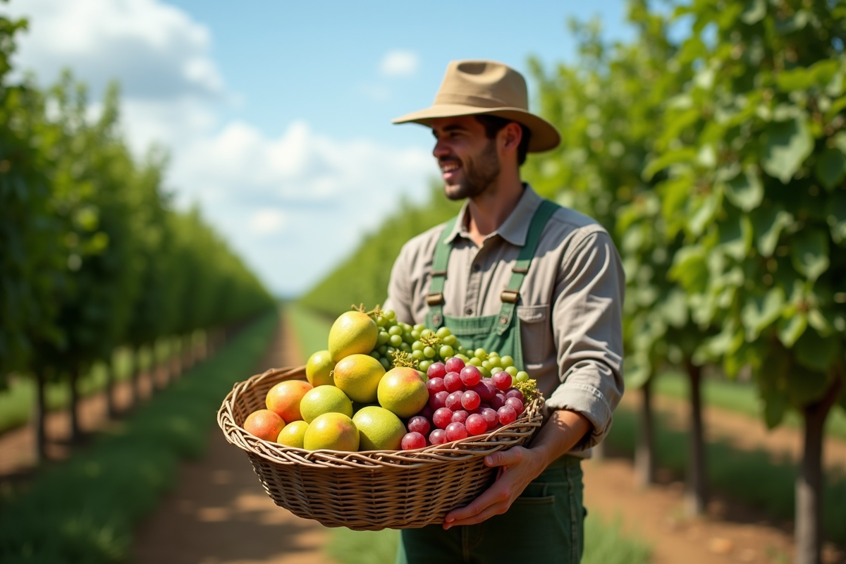 Ferme avec un fermier tenant un panier de fruits bio dans un verger
