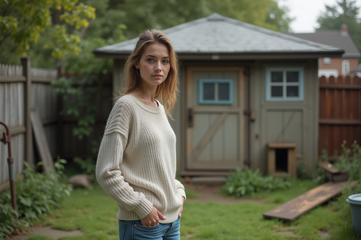 Jeune femme dans un jardin abandonné avec cabanon et clôture rouillée