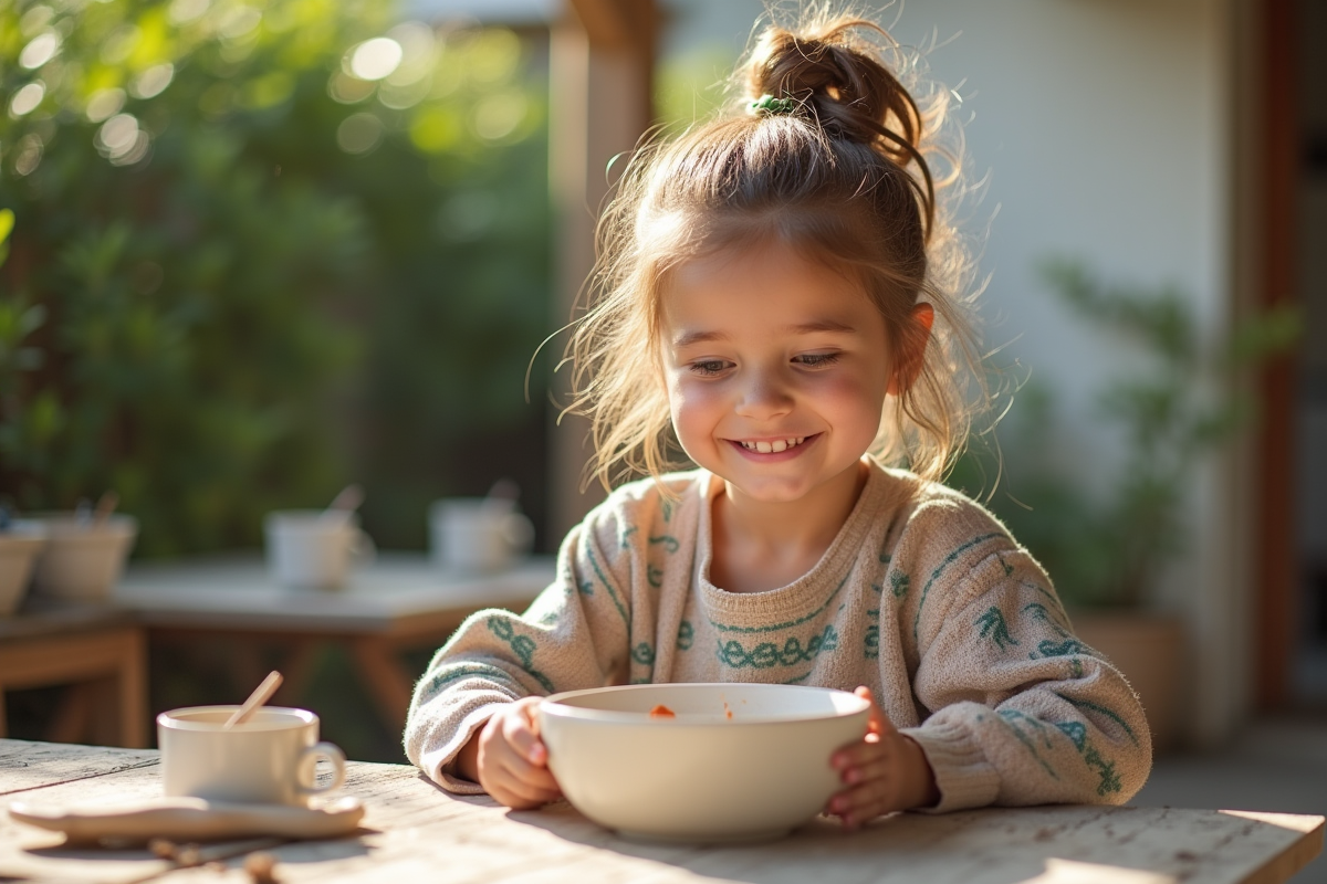 Jeune fille peignant un bol en céramique en extérieur