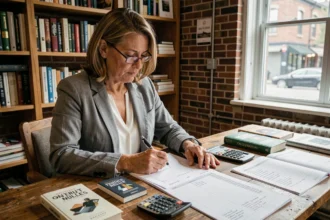 Éditrice analysant différents formats de livres et coûts d'impression sur un bureau encombré de maquettes
