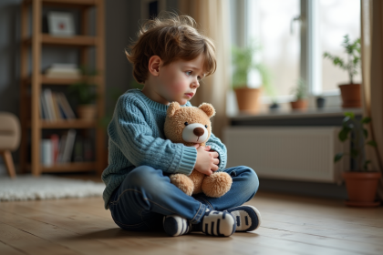 Garçon sensible assis sur le sol avec jouet en peluche
