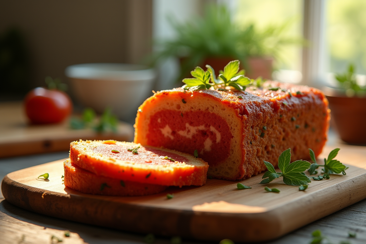 Tranche de gateau au chorizo frais sur planche en bois