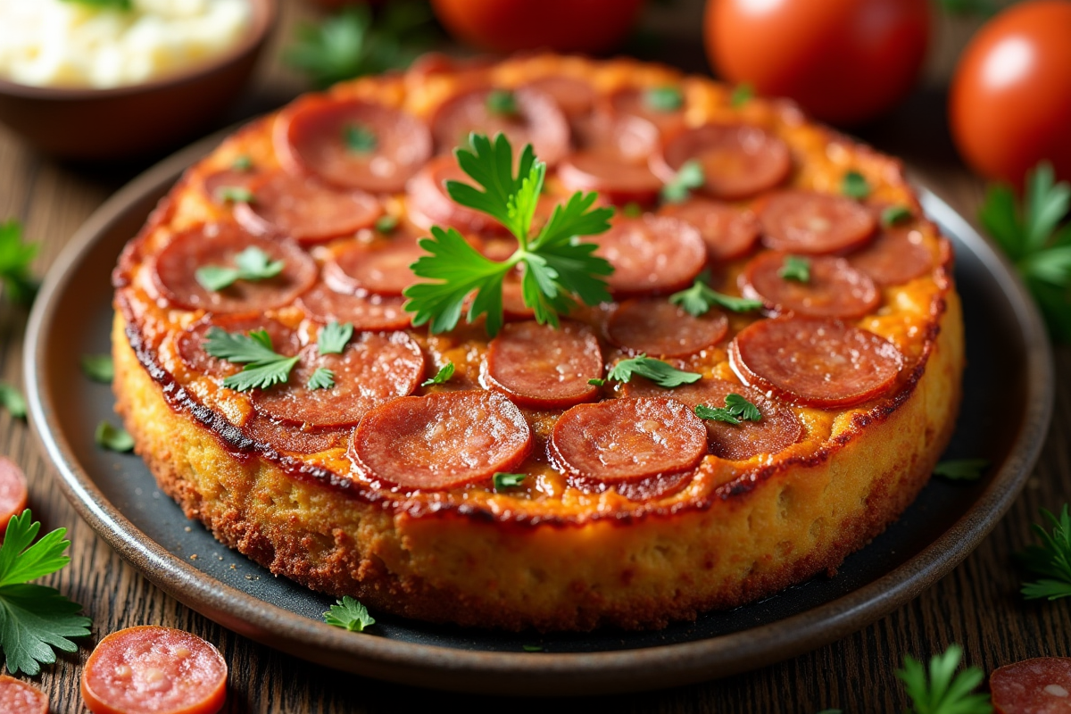 Gateau au chorizo entier avec ingredients frais