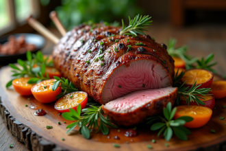 Gigot d’agneau rôti sur une table en bois rustique