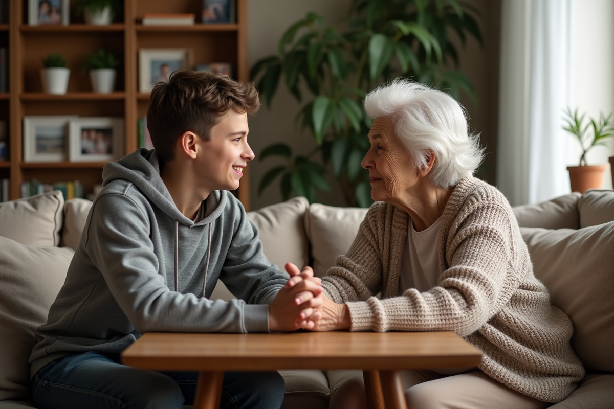 Adolescent et grand-mere discutant dans un salon chaleureux